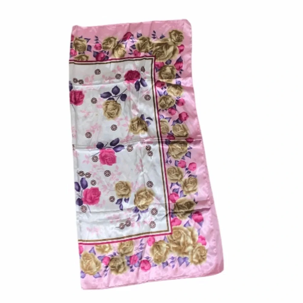 AKVO Silky Smooth Satin Floral Scarf Pink Purple White Gold Coquette Preppy